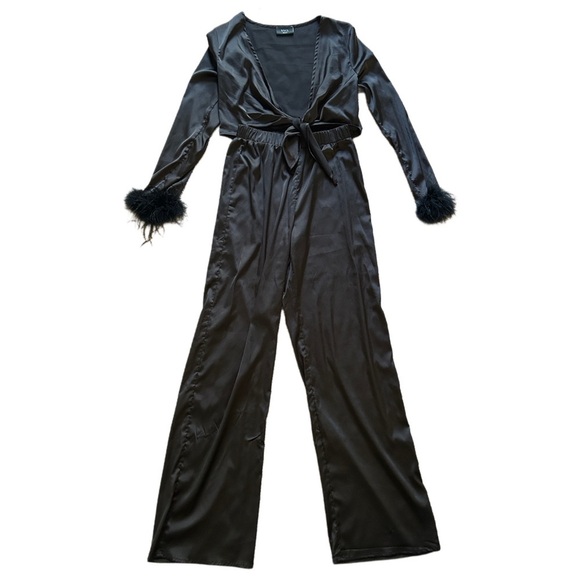 Vici Black Satin 2 Piece Set with Feather Cuff Tie-Front Top Wide Leg Pants S - Picture 13 of 13
